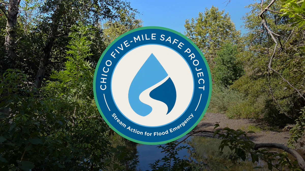Photo of 5-mile basin with SAFE project logo in the center. The circular logo contains a drop of water with a stream going through it. The text on the logo reads, "Chico five-mile safe project. Stream action for flood emergency.