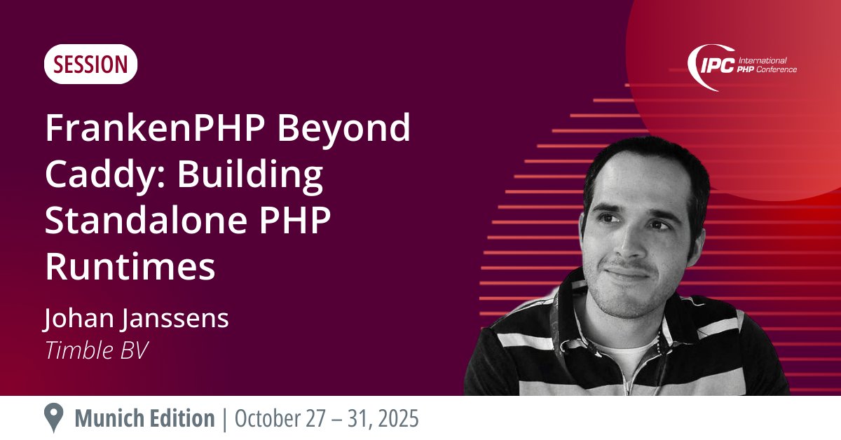 phpconference's tweet image. 🐘 #FrankenPHP goes beyond Caddy!

At #IntPHPcon, @johanjanssens shows how to build standalone PHP runtimes 🚀
✔ No FPM, no Apache, no Nginx
✔ Compile PHP into Go binaries
✔ Deploy edge, container &amp;amp; embedded runtimes

📅 Oct 30 | 09:00
🔗 phpconference.com/software-archi…

#PHP