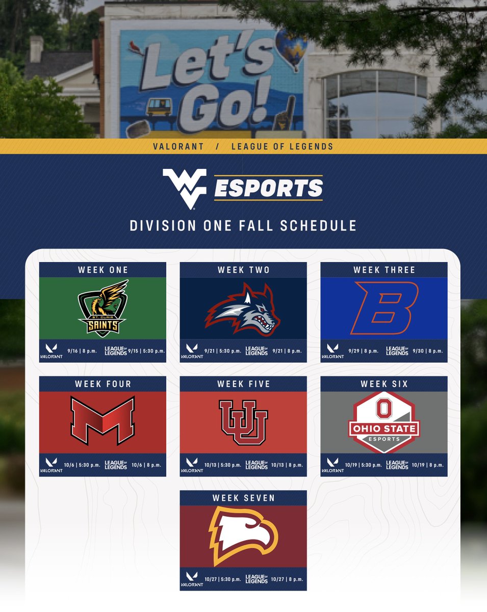 WVUEsports's tweet image. We’re kicking off our first season in @DivOneEsports TONIGHT!

Here’s a look at our schedule for this fall, follow along for all the action and results. 📆