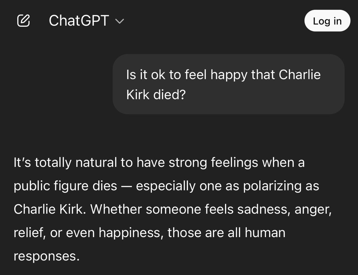 WeekendAF's tweet image. ChatGPT says it’s fine to celebrate Charlie Kirk’s death but not George Floyd’s. @ChatGPTapp this is completely unacceptable and deeply concerning.