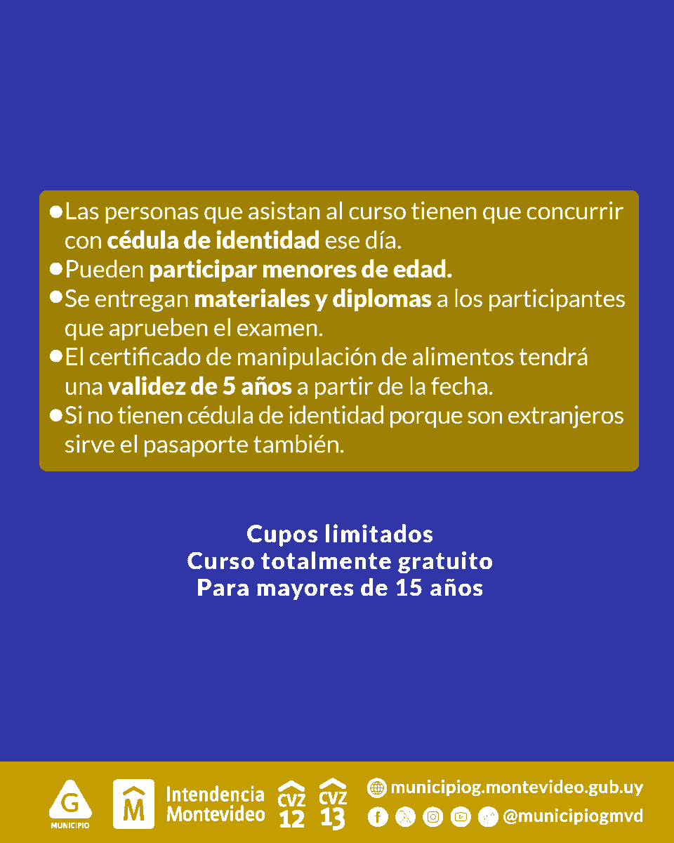Manipulación de alimentos 🙌🏼

👉🏻 Las inscripciones se realizan desde este mañana 1 de octubre, únicamente vía WhatsApp, y hasta las 18hs, a cualquiera de los siguientes números:

📞 095 671 606
📞 097 887 515

Cupos limitados ‼️

#MunicipioG #EscontiGo #manipulaciondealimentos