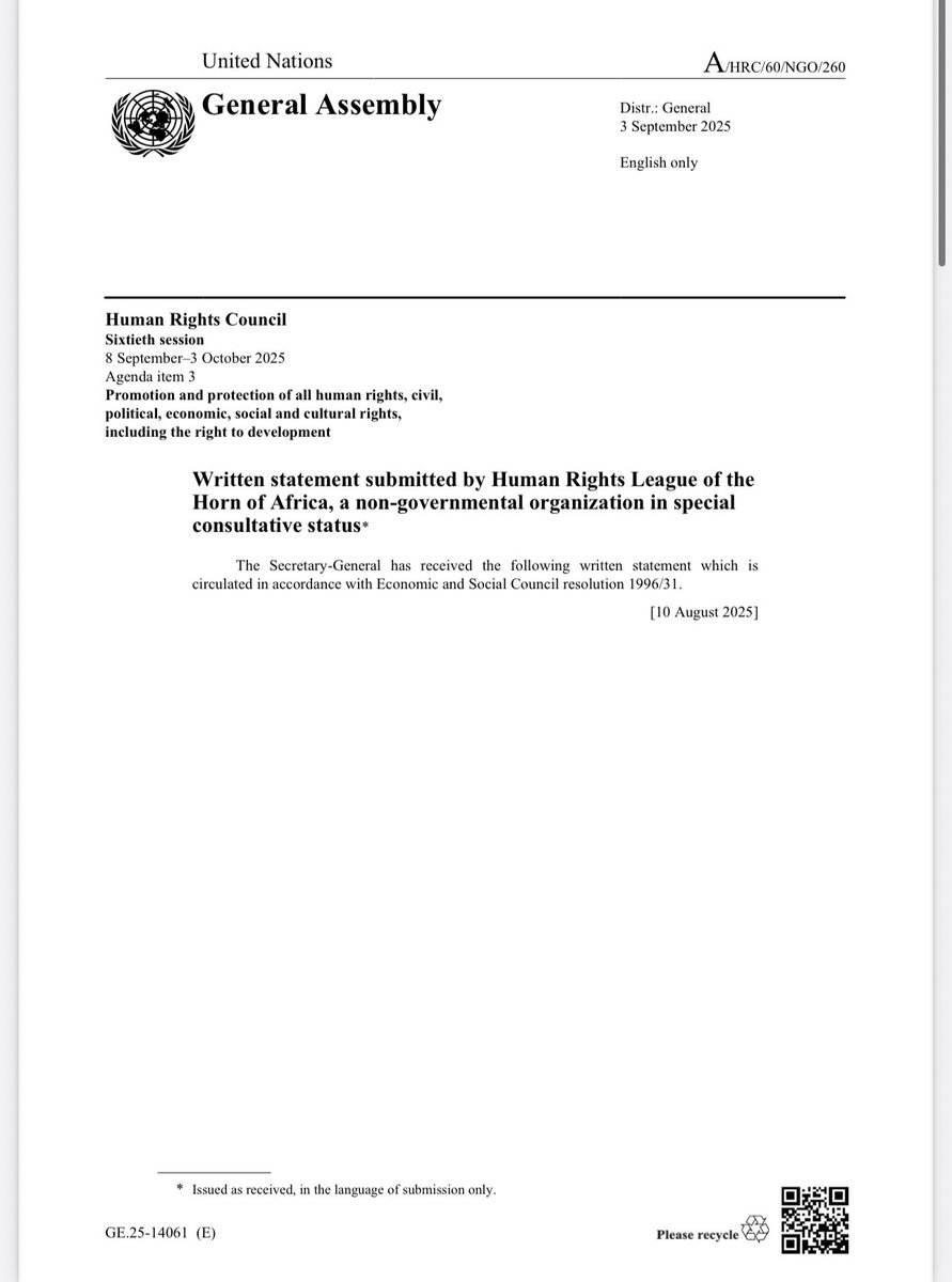 hawwiijatani's tweet photo. Written statement submitted by Human Rights League of the 
Horn of Africa, a non-governmental organization in special 
consultative status

 Likn 👇🏾
https://t.co/dYg8lcu66F

#everyone #highlights https://t.co/oOKYeKIU6P
