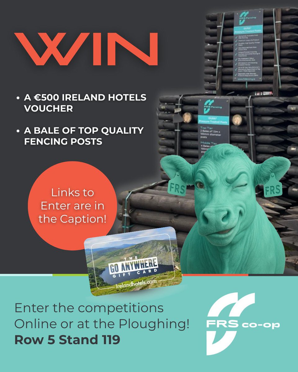 frs_coop's tweet image. 🚜 #Ploughing Week Prizes! Enter now or at the show!

Enter the draw for the €500 Hotels Voucher, by taking our Milking Quiz: forms.gle/NVzYtvdqFJM5XD…

or, enter the draw for the Bale of #Fencing Posts here: bit.ly/3VNZ18k

T&amp;amp;C's apply! 🍀

@frsfarmservices @FRSTraining