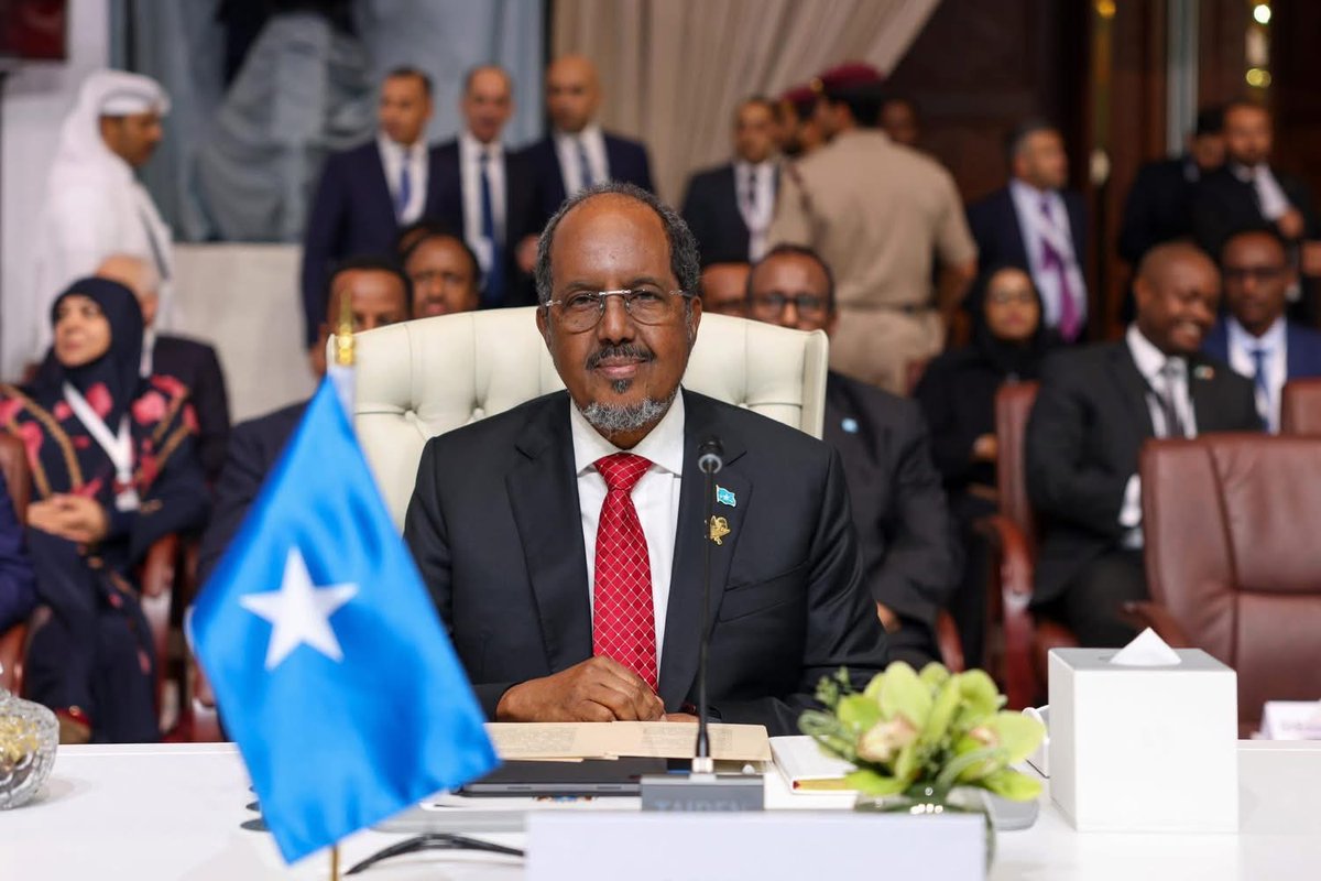 somalibeacon's tweet photo. Somalia’s President Hassan Sheikh Mohamud, speaking at the Arab-Islamic summit in #Doha, condemned Israel’s attack on #Qatar, voiced full support for Doha, and reaffirmed Somalia’s backing for Palestine’s right to a state with Jerusalem as its capital. https://t.co/vw2TT96m9F
