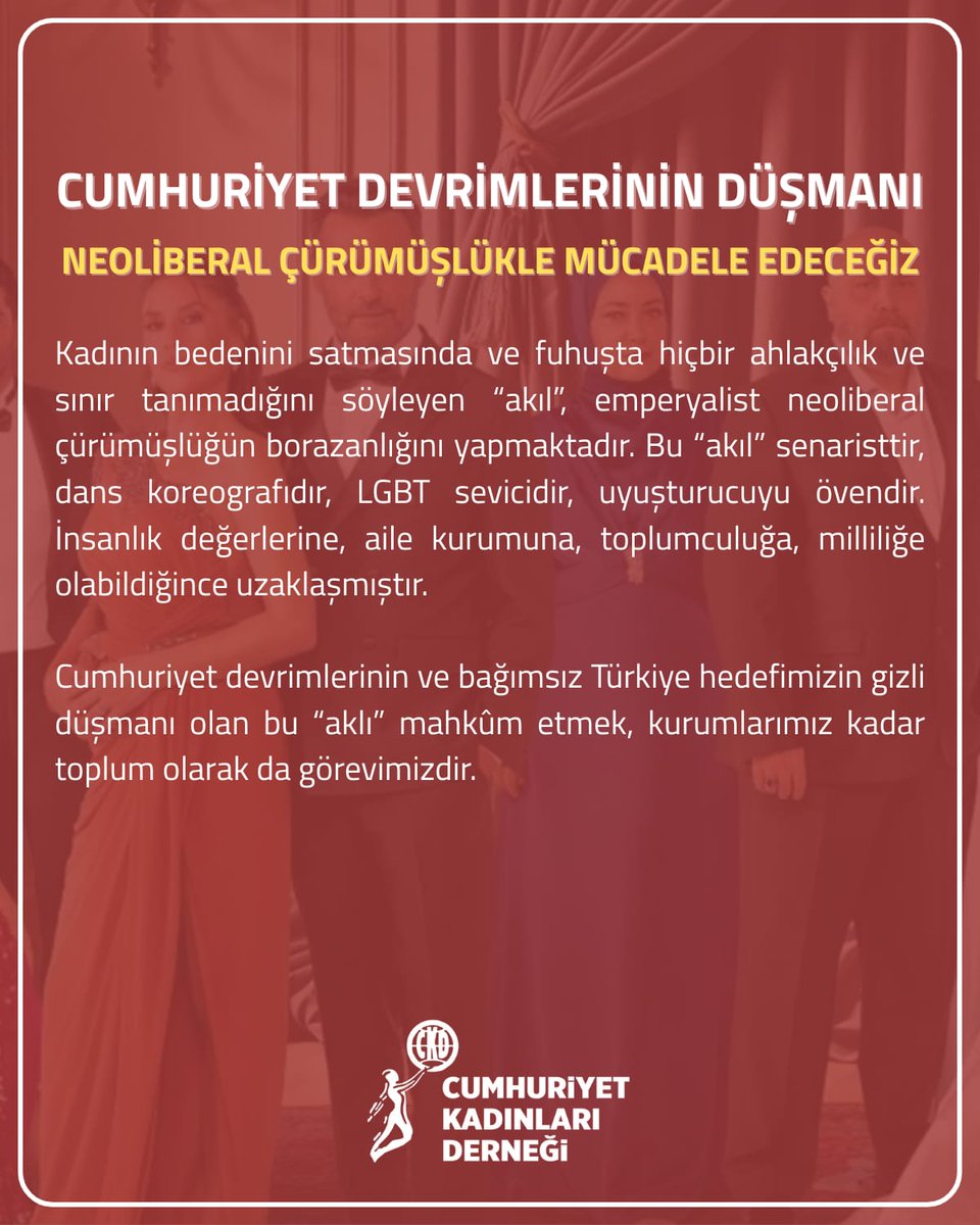 📌 CUMHURİYET DEVRİMLERİNİN DÜŞMANI NEOLİBERAL ÇÜRÜMÜŞLÜKLE MÜCADELE EDECEĞİZ!

Kadının bedenini satmasında ve fuhuşta hiçbir ahlakçılık ve sınır tanımadığını söyleyen “akıl”, emperyalist neoliberal çürümüşlüğün borazanlığını yapmaktadır. Bu “akıl” senaristtir, dans