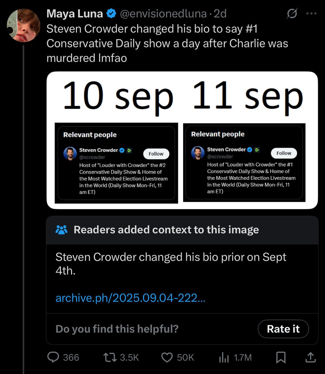 Steven Crowder (@scrowder) on Twitter photo They can't. stop. lying.
AUG 16, 2023: My bio was the same.
SEPT 4, 2025 (the date Community Notes CLAIMED there was a change): My bio was the same.
CURRENTLY: My bio is STILL the same.
@ElonMusk, what's going on with <a href="/CommunityNotes/">Community Notes</a>?? They can't. stop. lying.
AUG 16, 2023: My bio was the same.
SEPT 4, 2025 (the date Community Notes CLAIMED there was a change): My bio was the same.
CURRENTLY: My bio is STILL the same.
@ElonMusk, what's going on with <a href="/CommunityNotes/">Community Notes</a>??
