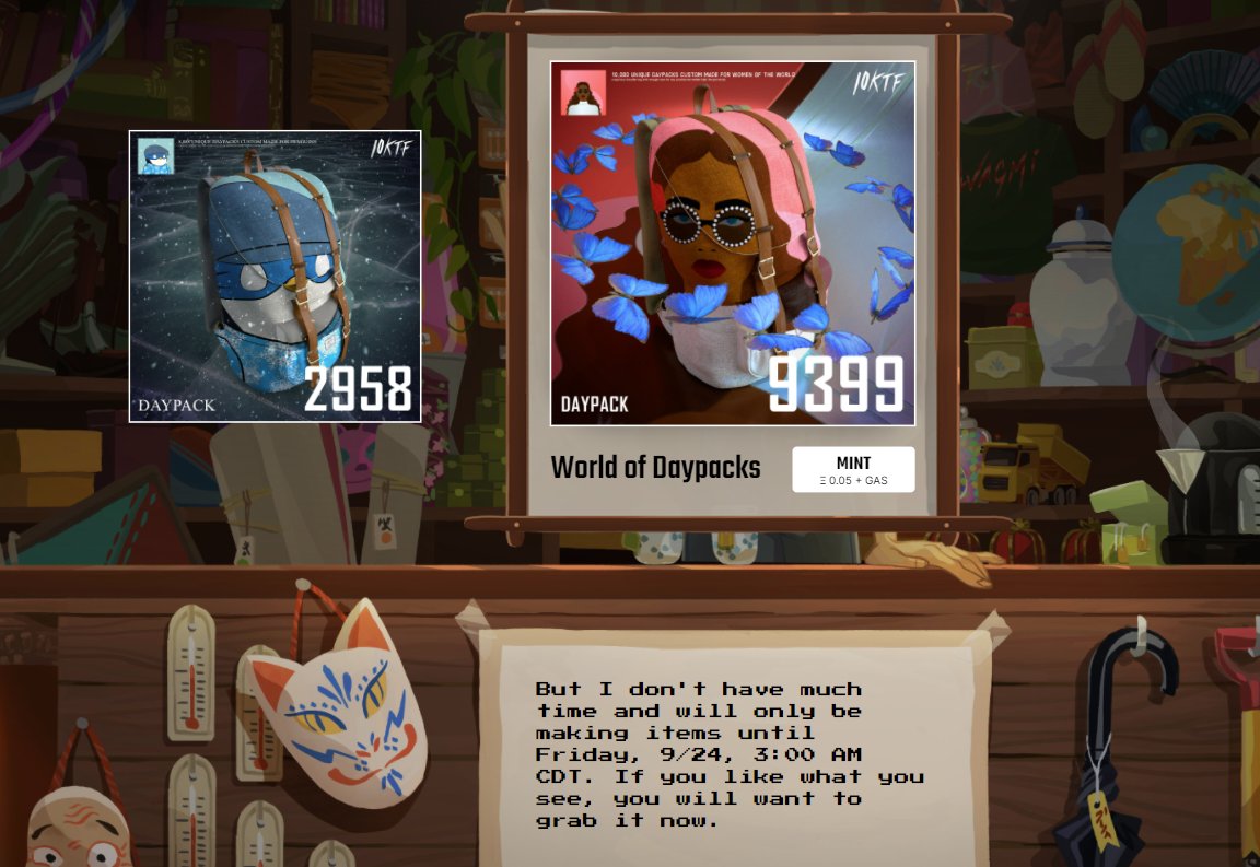 This month is the 4 year anniversary of <a href="/10KTFshop/">Wagmi-san</a> shop opening. 🥂

When I minted my first daypack for .05, I wasn't even expecting any utility. To my surprise, it has been the most rewarding and entertaining project in Web 3 I've been a part of. (1/3)