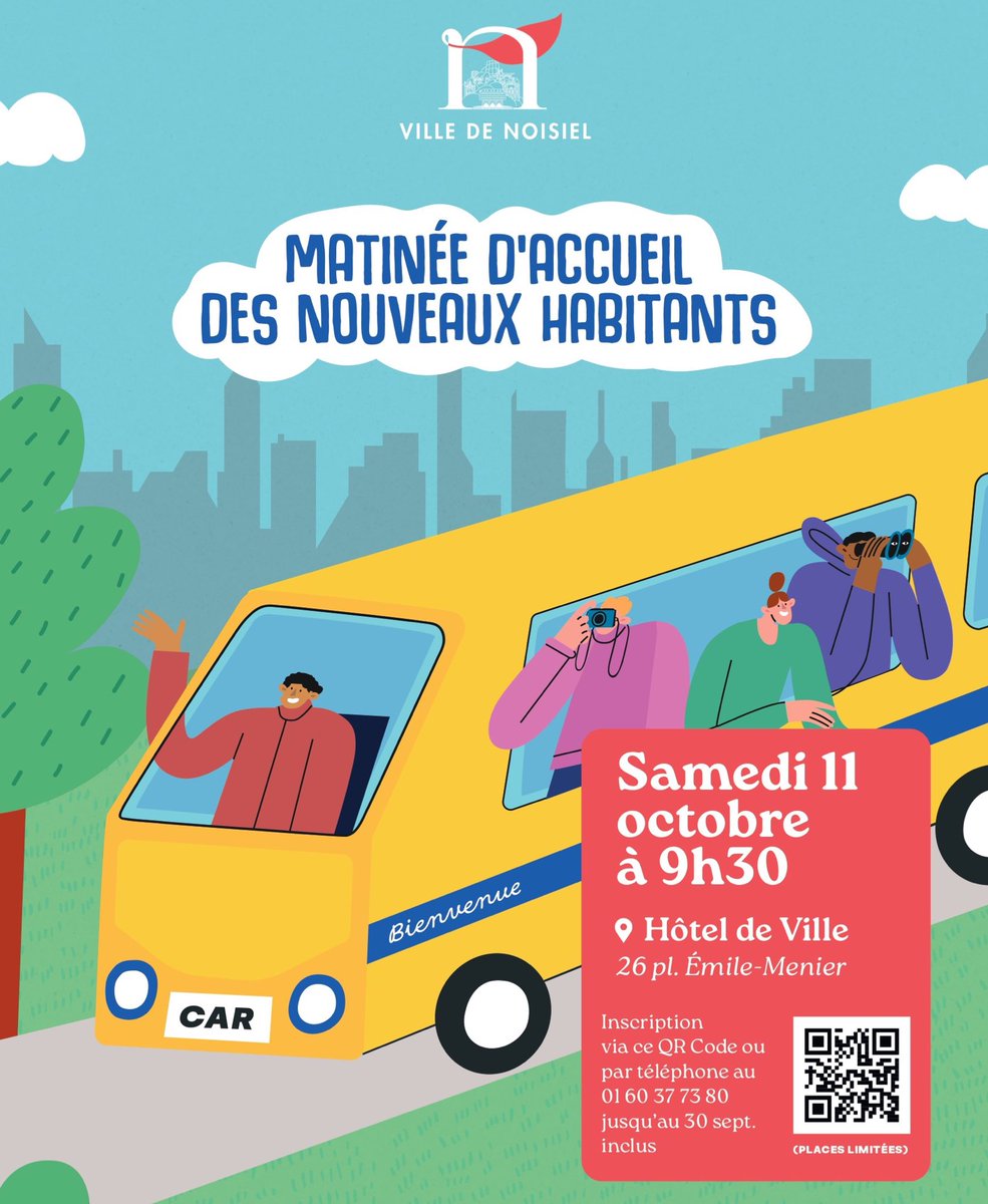 🎉 Nouveaux à #Noisiel ? Participez à la matinée d’accueil des nouveaux habitants !

📅 Sam. 11 oct.
📍 9h30 : Café à l’Hôtel de Ville
🚌 10h : Visite guidée de la ville
🤝 12h Verre de l’amitié

🎟️ Inscription : urls.fr/fv01NW
📞 01 60 37 73 80 / 06 75 21 34 56