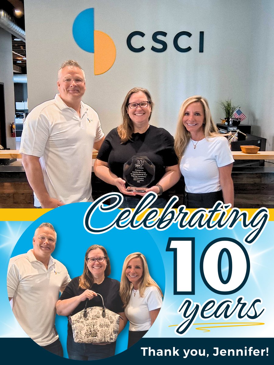CSCIConsulting's tweet image. We’re celebrating Jennifer's 10th CSCI anniversary! 🎉 We recently celebrated Jennifer (pictured center) in the office, with President and CEO Michele (right) and COO Bryan (left). 📸
linkedin.com/posts/cscicons…