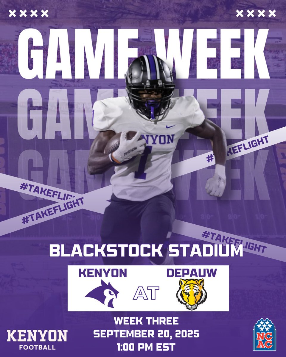 Kenyon Football (@kenyonfootball) on Twitter photo 🚨GAME WEEK🚨 
🆚: Depauw University
⏰: 1:00 PM EST
🏟️: Blackstock Stadium
📍: Greencastle, IN
📺: depauwtigers.com/sports/footbal…
#EarnIt #TakeFLIGHT #GoOwls 🚨GAME WEEK🚨 
🆚: Depauw University
⏰: 1:00 PM EST
🏟️: Blackstock Stadium
📍: Greencastle, IN
📺: depauwtigers.com/sports/footbal…
#EarnIt #TakeFLIGHT #GoOwls
