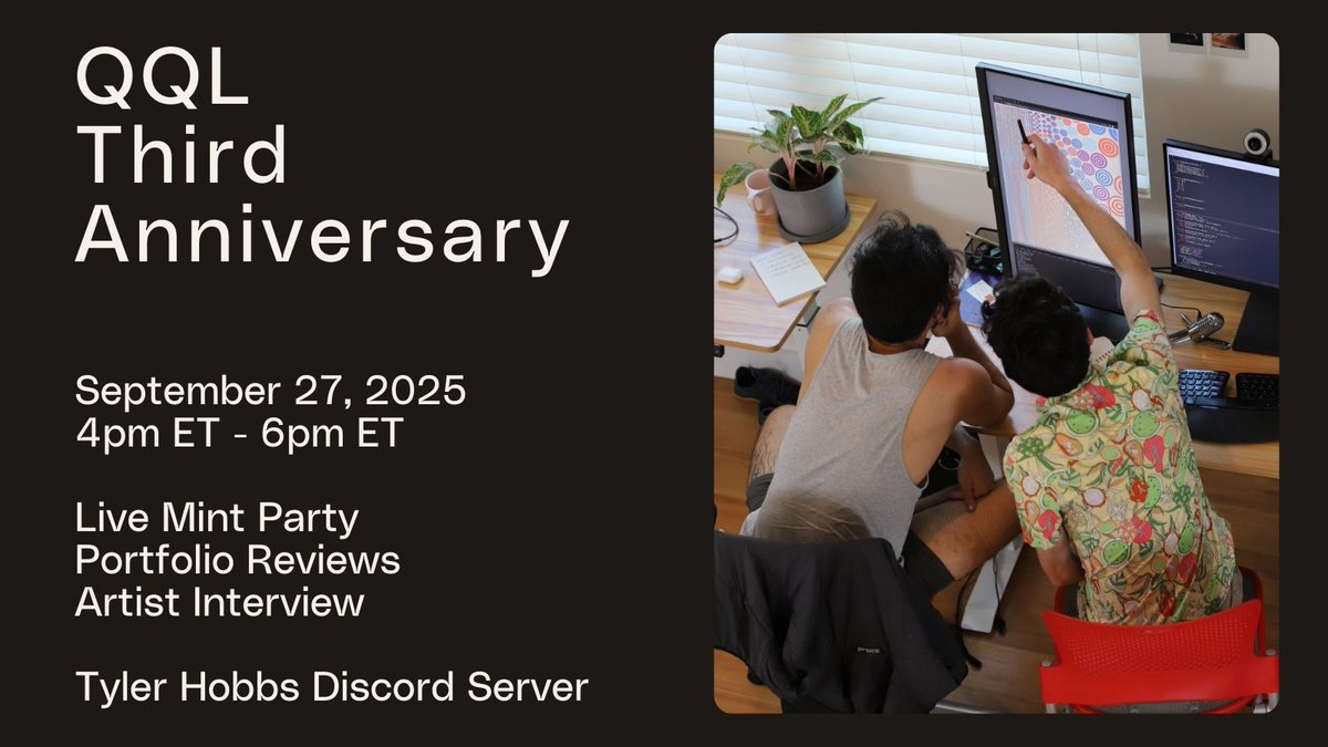 Tyler Hobbs Studio (@tylerxhobbs) on Twitter photo Join us for the 3 year anniversary of QQL! 
If you are interested in minting during the anniversary, Tyler is offering 1:1 Portfolio Reviews to help you find the perfect mint (link in next post).
We hope to see you there! Join us for the 3 year anniversary of QQL! 
If you are interested in minting during the anniversary, Tyler is offering 1:1 Portfolio Reviews to help you find the perfect mint (link in next post).
We hope to see you there!
