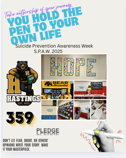 AliefCounseling's tweet image. 🐻✍️ The Hastings Bears showed up in a big way for Suicide Prevention Awareness Week! 359 students pledged to commit to writing their own story—one filled with hope, courage, and purpose. 💛📖 #SPAW #BearStrong #ChangeTheNarrative