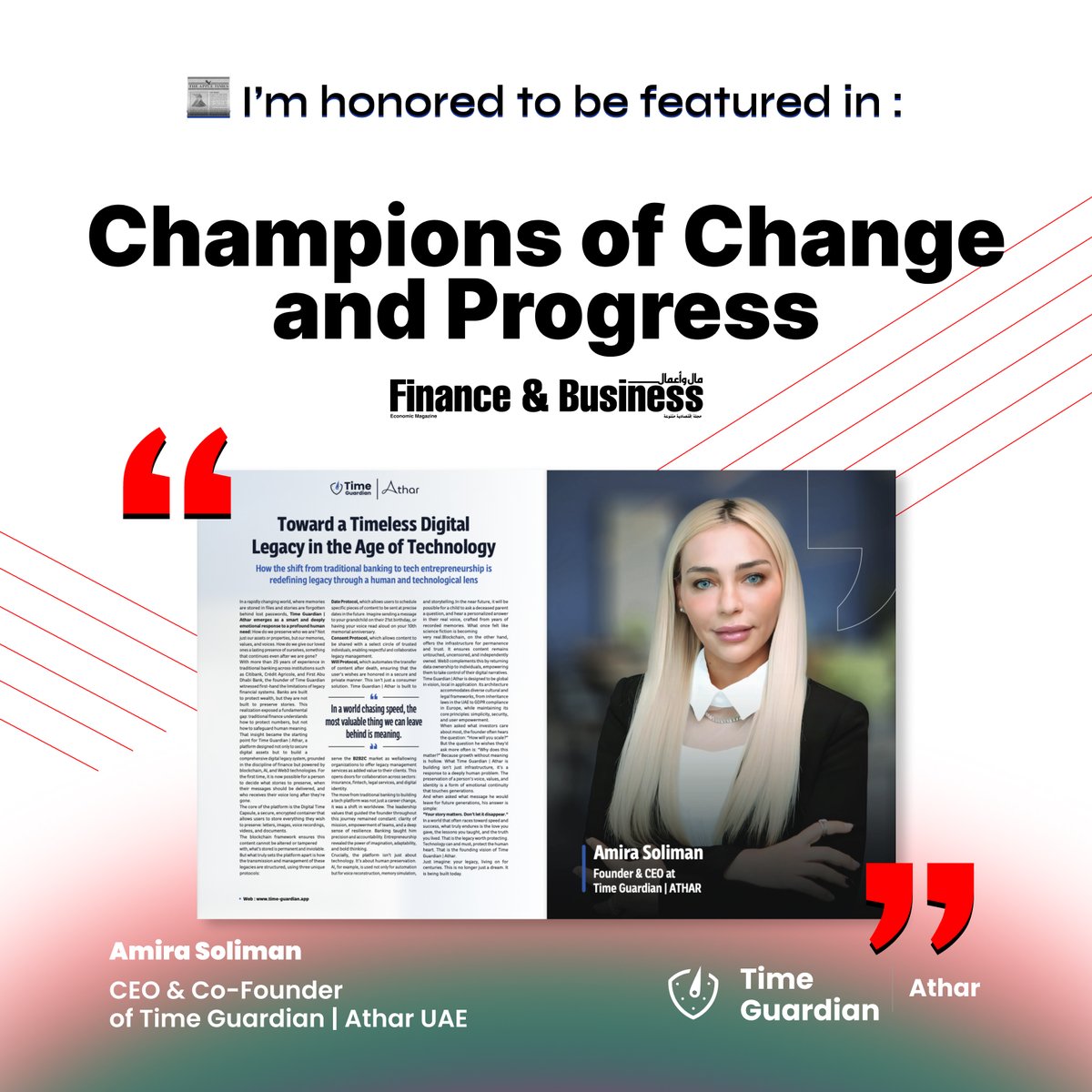 Our CEO <a href="/amirasoliman17/">Amira Soliman</a>  shares how Time Guardian is transforming #DigitalLegacy with blockchain, AI &amp; purpose.
🔒 Legacy isn’t just about wealth — it’s about memory, identity &amp; continuity.
📰 Read the full feature shorturl.at/zzqzB