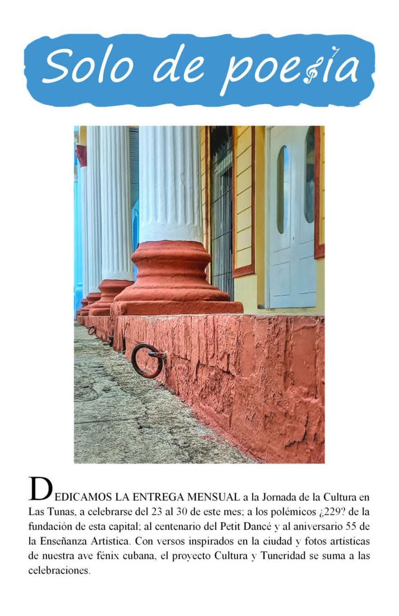 📚Vuelve el Solo de poesía para festejar el aniversario de nuestra ciudad. Dedicado además al centenario de Petit Dancé y al aniversario de la enseñanza artística en el territorio
#CPLL #LasTunas
#CPLPabloAFernández