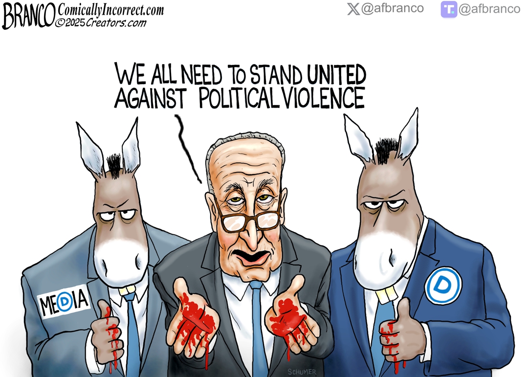 A.F. Branco Cartoon – After years of Democrats' hateful rhetoric directed at Trump and MAGA, Democrats now call for unity against political violence. A little late? <a href="/afbranco/">A.F. Branco - Political Cartoonist</a>