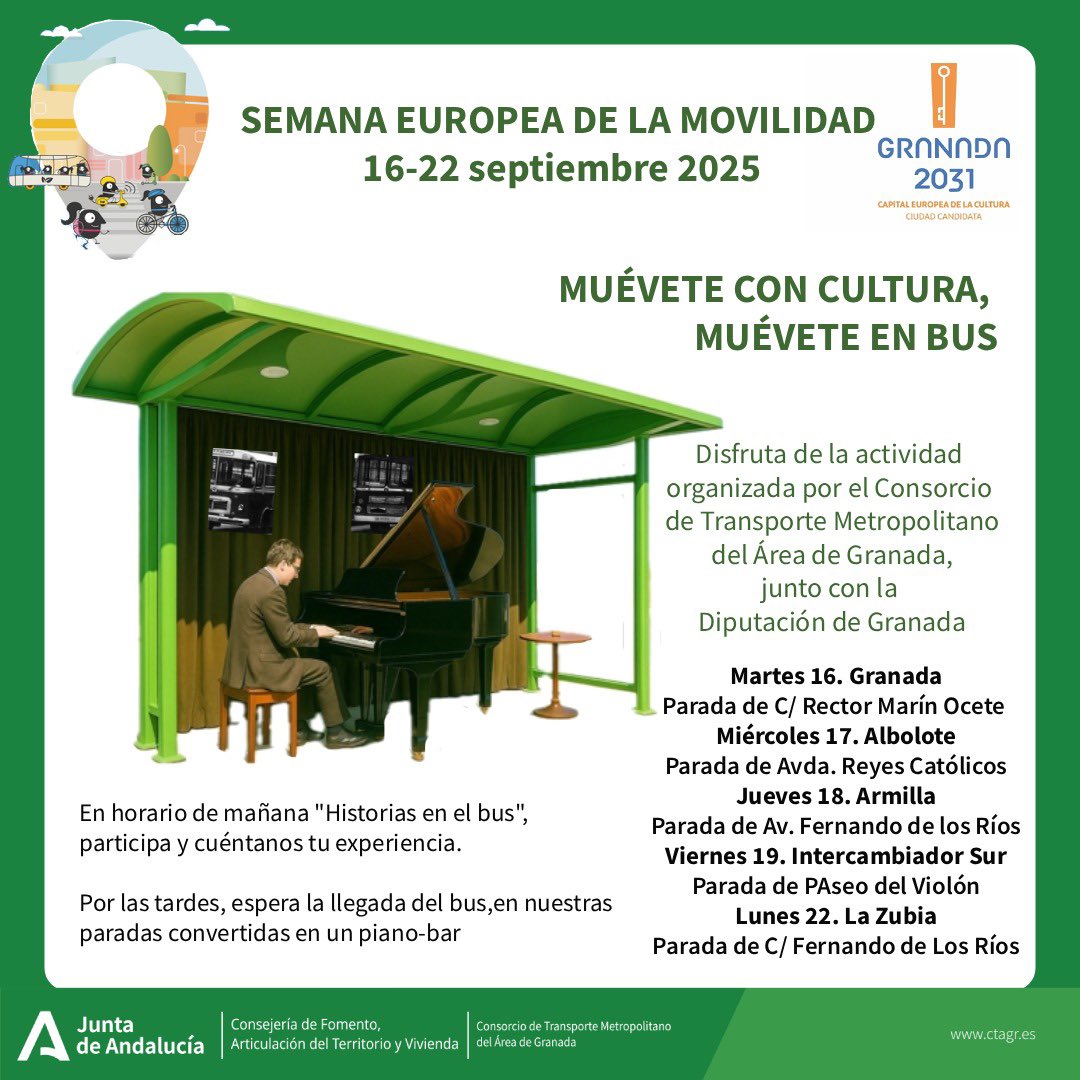 Durante la Semana Europea de la Movilidad convertimos las principales paradas de autobús en un espacio de convivencia, arte y sorpresa, donde el transporte público se viva como un lugar de encuentro cultural. Cada tarde se transformará el espacio urbano en un auténtico piano bar.