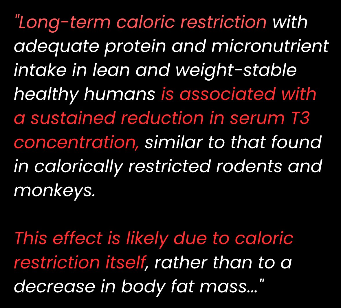 Thyroid hormone levels are closely tied to caloric intake.

When increasing calories between 1800 and 2800, thyroid hormone levels increase in proportion to the calories.

Caloric intake has a major effect on thyroid hormones, and insufficient caloric intake is a cause of lower