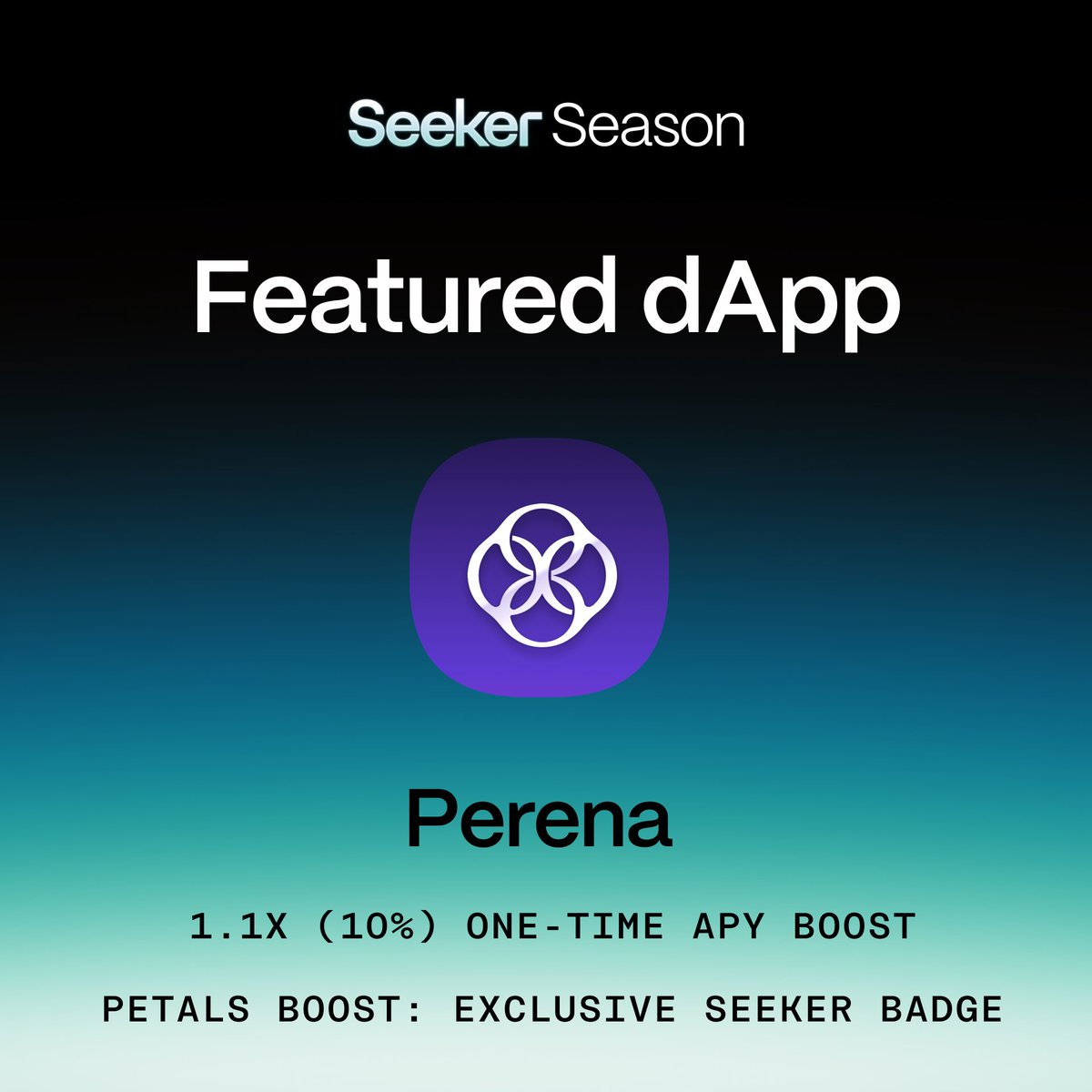 Our next featured dApp is <a href="/Perena__/">Perena</a>. 

Seeker holders get a one-time 10% APY boost and an exclusive Perena Seeker Badge—featuring the highest multiplier yet for their upcoming season. Stablebanking just leveled up. 

Download it now from the Solana dApp Store.