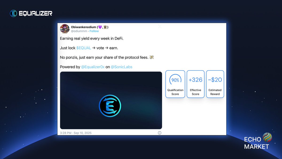 Equalizer 💥 (@equalizer0x) on Twitter photo Our campaign on <a href="/echo_market/">EchoMarket</a> is still live.
We invite the community to create content on:
"How to earn real yield weekly on Sonic by using Equalizer"
Posts, threads or videos that follow the EchoMarket rules are eligible to earn up to 20 $FrxUSD per post.
Join here: Our campaign on <a href="/echo_market/">EchoMarket</a> is still live.
We invite the community to create content on:
"How to earn real yield weekly on Sonic by using Equalizer"
Posts, threads or videos that follow the EchoMarket rules are eligible to earn up to 20 $FrxUSD per post.
Join here: