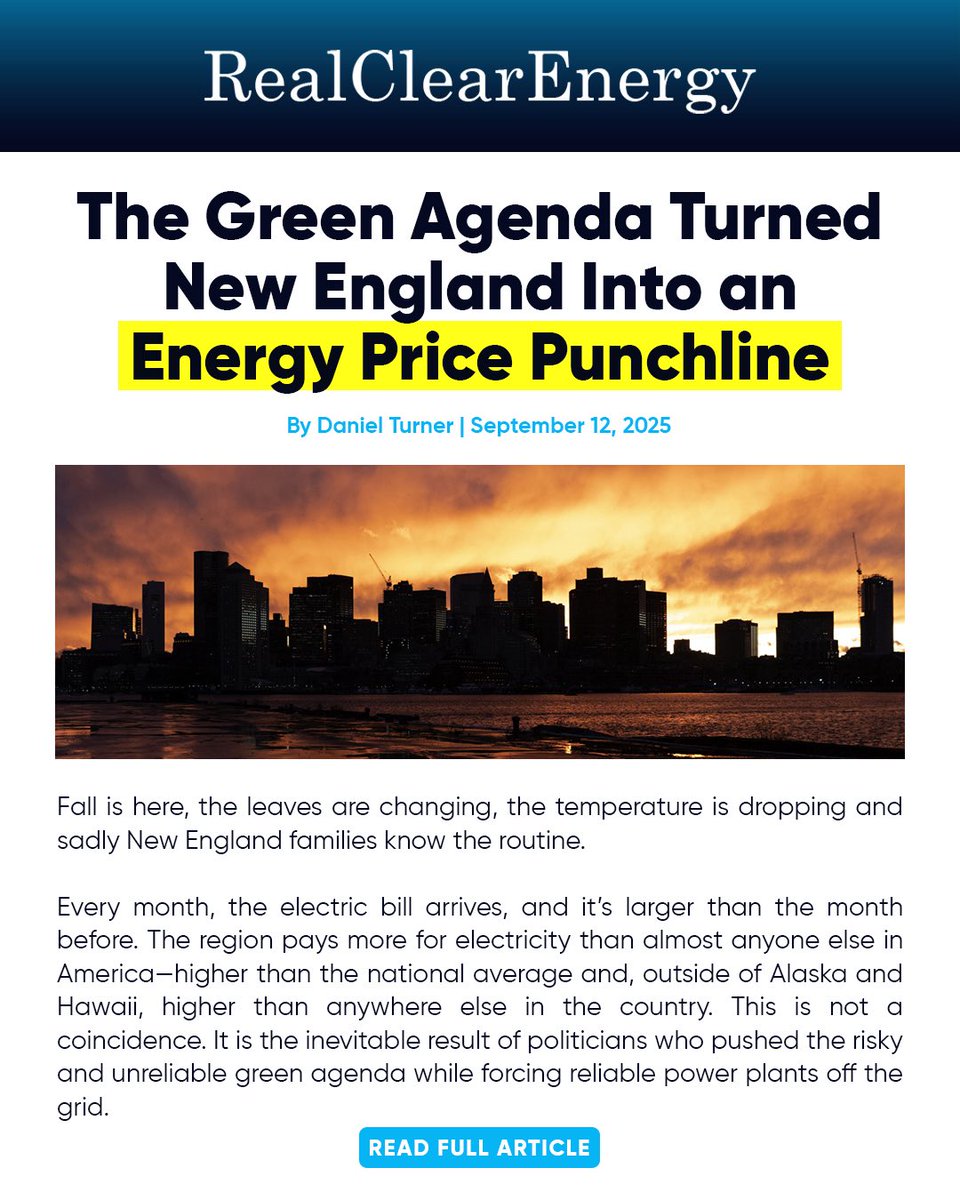 New England pays more for electricity than almost anywhere in America. 

The reason? Politicians forced reliable plants offline for "climate progress." 

Now families choose between heating their homes and going into debt. This is what energy policy failure looks like.

My latest