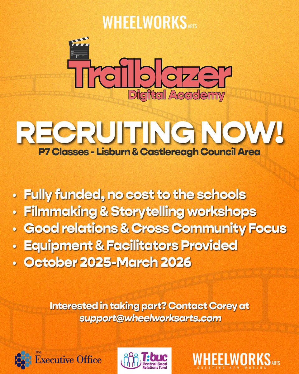 🚀 We’re recruiting for Trailblazers Digital Academy 2025/26!  Fully funded programme for P7 pupils in Lisburn &amp; Castlereagh, using animation &amp; filmmaking to explore diversity, respect, and community.  Get in touch: support@wheelworksarts.com  
<a href="/lisburnccc/">LCCC</a> <a href="/BPSLisburn/">BallymacashPrimary</a>