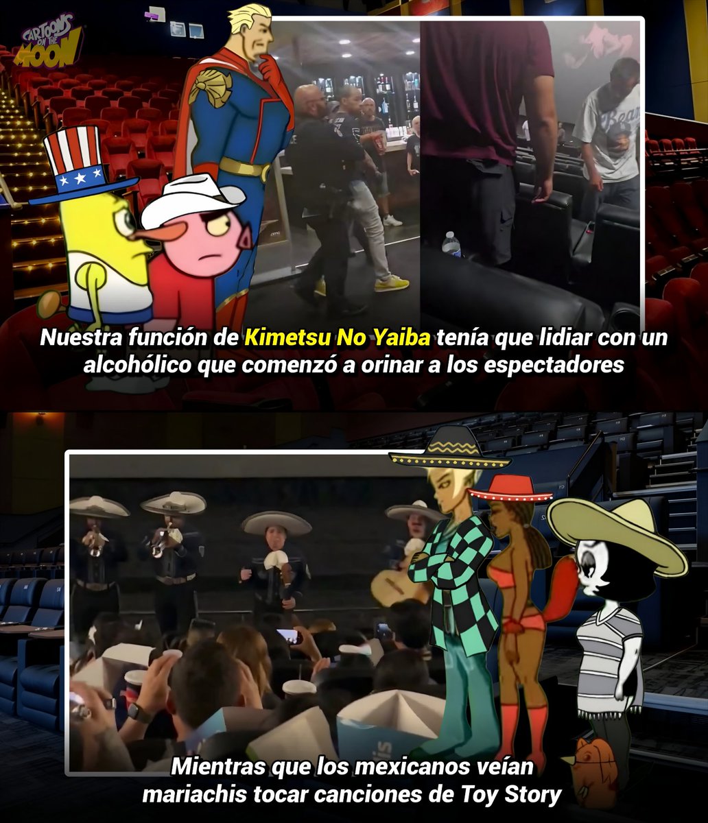 CartoonsOTMoon's tweet image. En Arizona, un hombre fue detenido por orinar a la gente en plena función de Demon Slayer: Castillo Infinito.

En México, unos mariachis sorprendieron al final de la misma película cantando canciones...

De Toy Story.