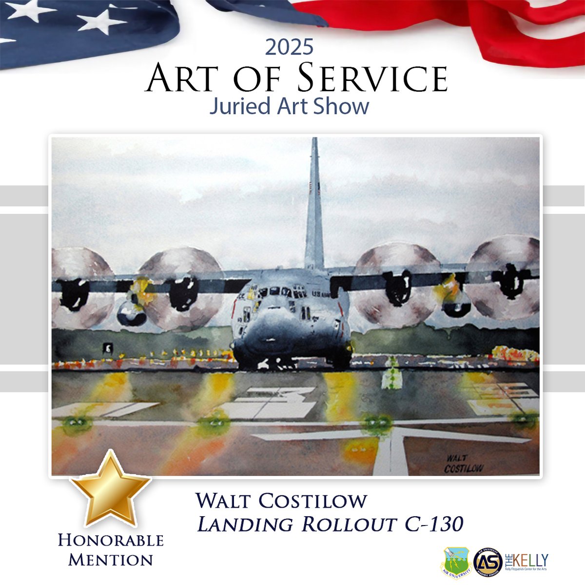 Congrats to Walt Costilow, artist of Landing Rollout C-130, for winning the Honorable Mention! 

Art of Service gallery: ow.ly/Qo3r50WTUr2

Thank you to all who made this year’s show a success in honoring service, dedication, and creativity.