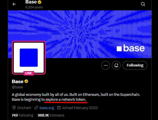 Everyone who believes in <a href="/base/">Base</a>  has been waiting for this moment.

Anyone following Web3 knows the powerful role <a href="/base/">Base</a>  has played as a core part of the <a href="/SuperchainEco/">SuperchainEco.eth</a> 

Their latest profile update shows they are officially exploring a network token

We might be witnessing the