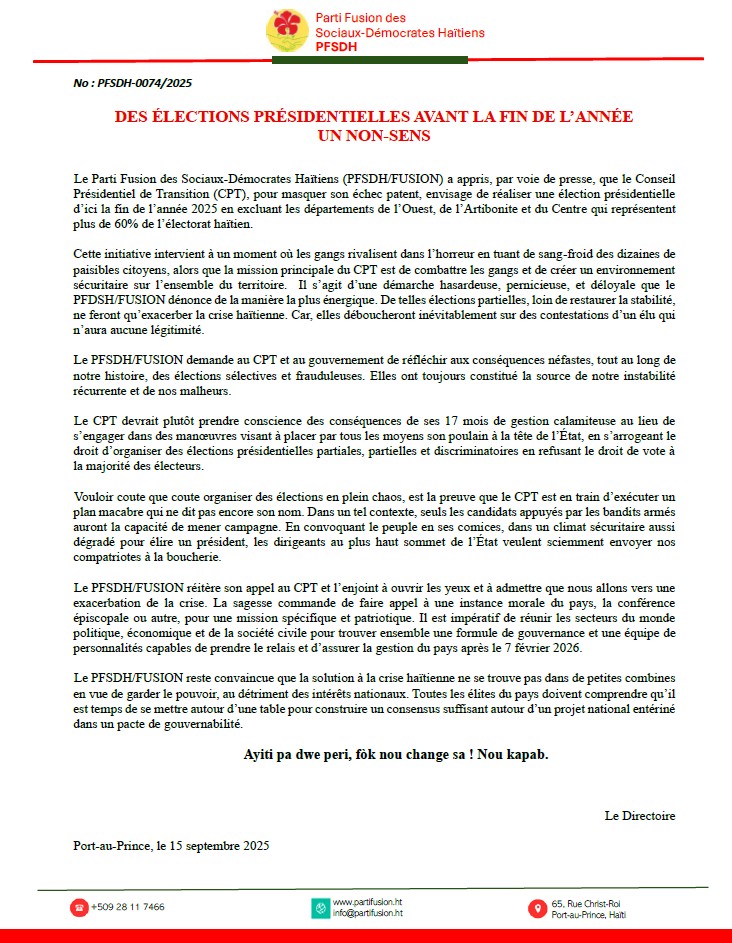 ⚠️ Élection présidentielle sans 60% des électeurs ?

Le PFSDH/FUSION dénonce la manœuvre du CPT d’exclure l’#Ouest, l’#Artibonite &amp; le #Centre 🇭🇹.

➡️ Une mascarade électorale qui aggravera la crise et servira les gangs armés.

📢 Place à un pacte de gouvernabilité inclusif !