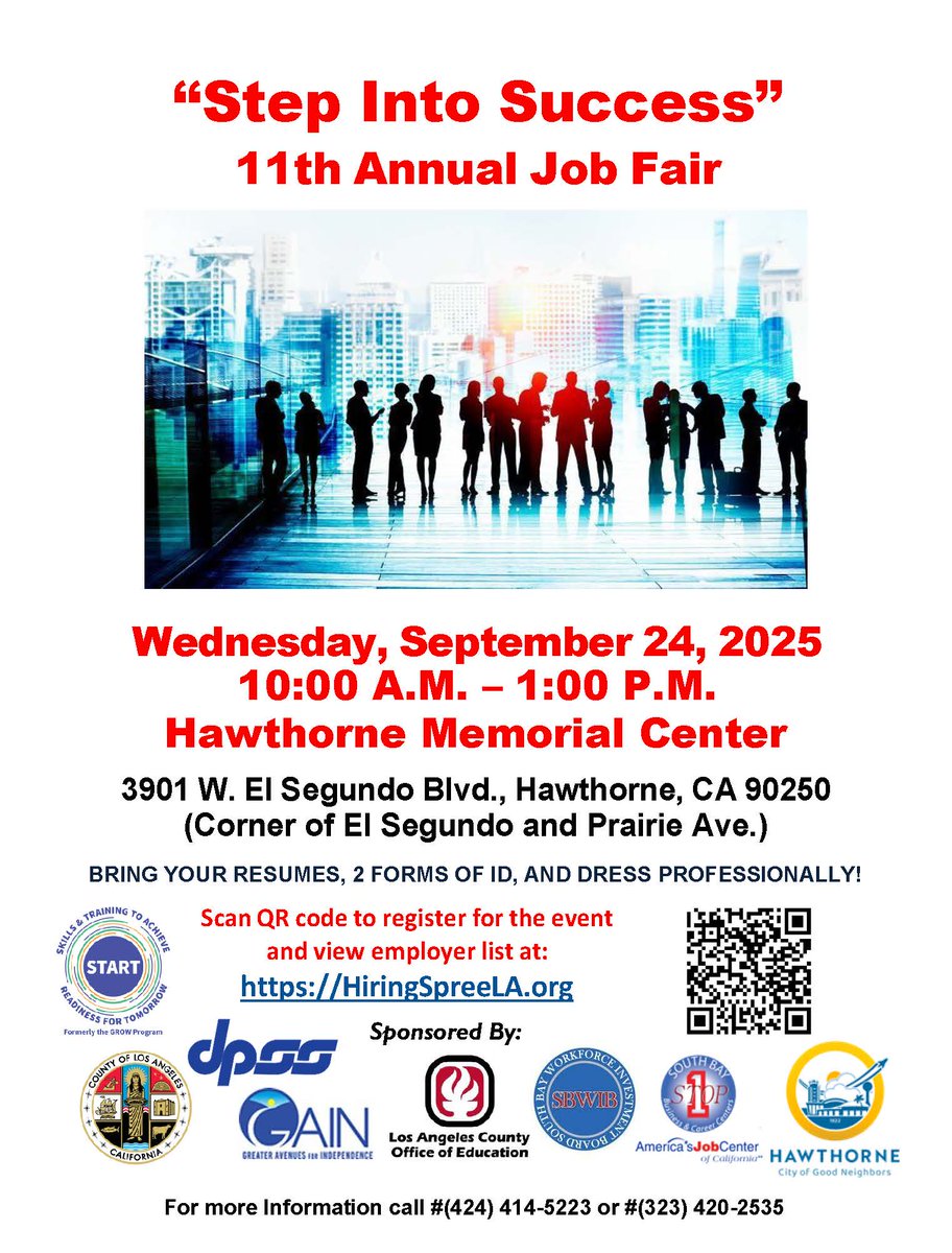 LACo_DPSS's tweet image. Reminder to #jobseekers 📣

Join #LACoDPSS for its 11th annual #StepIntoSuccess #jobfair on Wednesday, September 24, 2025 👨‍💼🤝👩‍💼

A variety of employers will be in attendance 💼

⌚ 10AM – 1PM

📍 3901 W. El Segundo Blvd., Hawthorne, CA 90250

✍️ Register: docs.google.com/forms/d/e/1FAI…