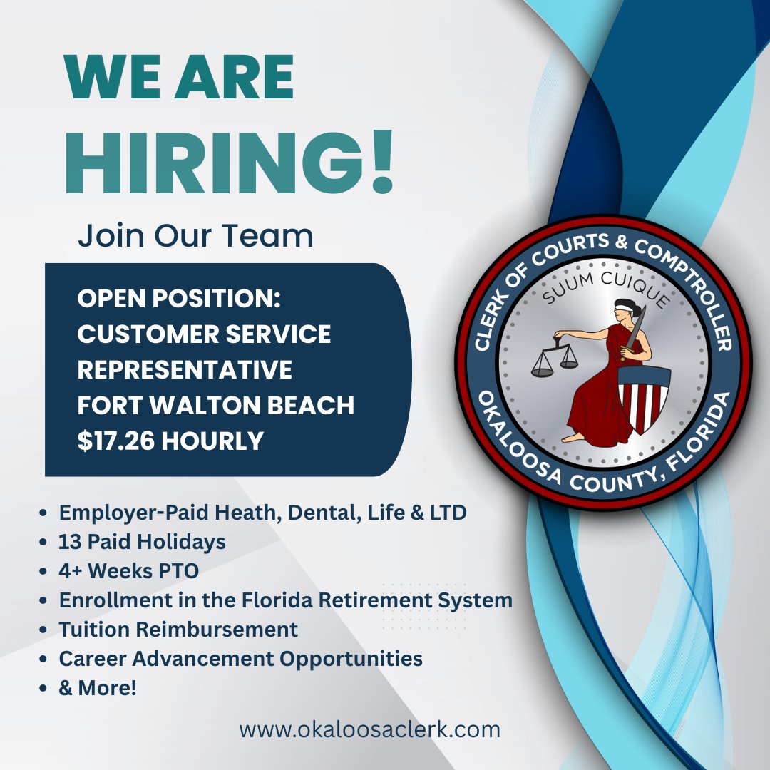 We’re Hiring!

The Okaloosa County Clerk’s Office is looking for a new team member to join our Fort Walton Beach Customer Service team. Starting pay is $17.26/hr, plus a critical position stipend worth an additional $2.00/hr.

Apply: Job Openings - Okaloosa County Clerk of Courts