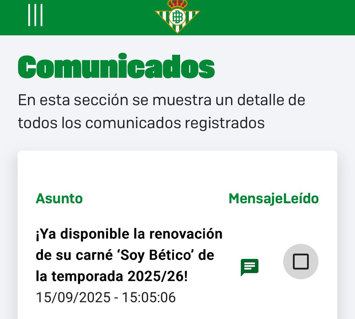 ᴛɪɴᴛᴇʀᴏ ᴠᴇʀᴅɪʙʟᴀɴᴄᴏ (@tinterovb) on Twitter photo ℹ️ Si el ansía os puede y no os ha llegado el enlace para renovar vuestro Soy Bético. O si has borrado por error el mail con el enlace, puedes realizar la gestión en tu ÁREA DE SOCIO, en la SECCIÓN ‘COMUNICADOS’. ℹ️ Si el ansía os puede y no os ha llegado el enlace para renovar vuestro Soy Bético. O si has borrado por error el mail con el enlace, puedes realizar la gestión en tu ÁREA DE SOCIO, en la SECCIÓN ‘COMUNICADOS’.