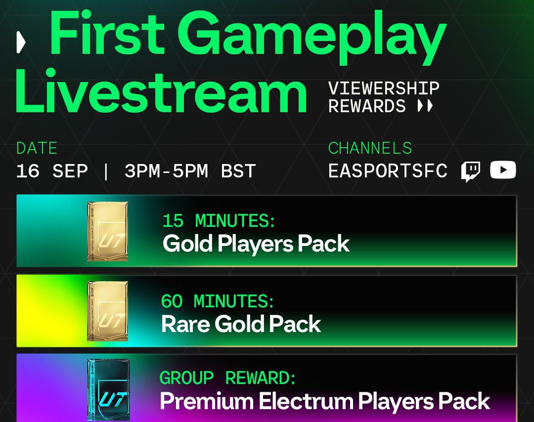 🚨 FREE PACKS FOR FC 26 

• ✅ Gold players 
• ✅ Rare gold
• ✅ Premium Electrum players

Watch 60 minutes of the first gameplay livestream Tomorrow to unlock 🫡