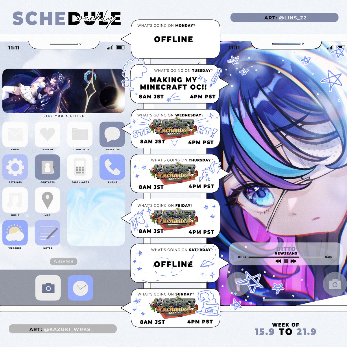 NanaAsteria's tweet image. 💫✨THIS WEEK&apos;S SCHEDULE✨💫

I&apos;m so nervous and excited...  waku waku .....
#VCraftEnchanted is finally here!! 💙 
MINECRAFT TIME DAYO!!!! 🧙‍♂️🪄

Oshi mark ✨💫
General - #nanaasteria
Art - #artsteria
Memes - #memesteria
Clips - #clipsteria
Fan Name - Galaxy Gang