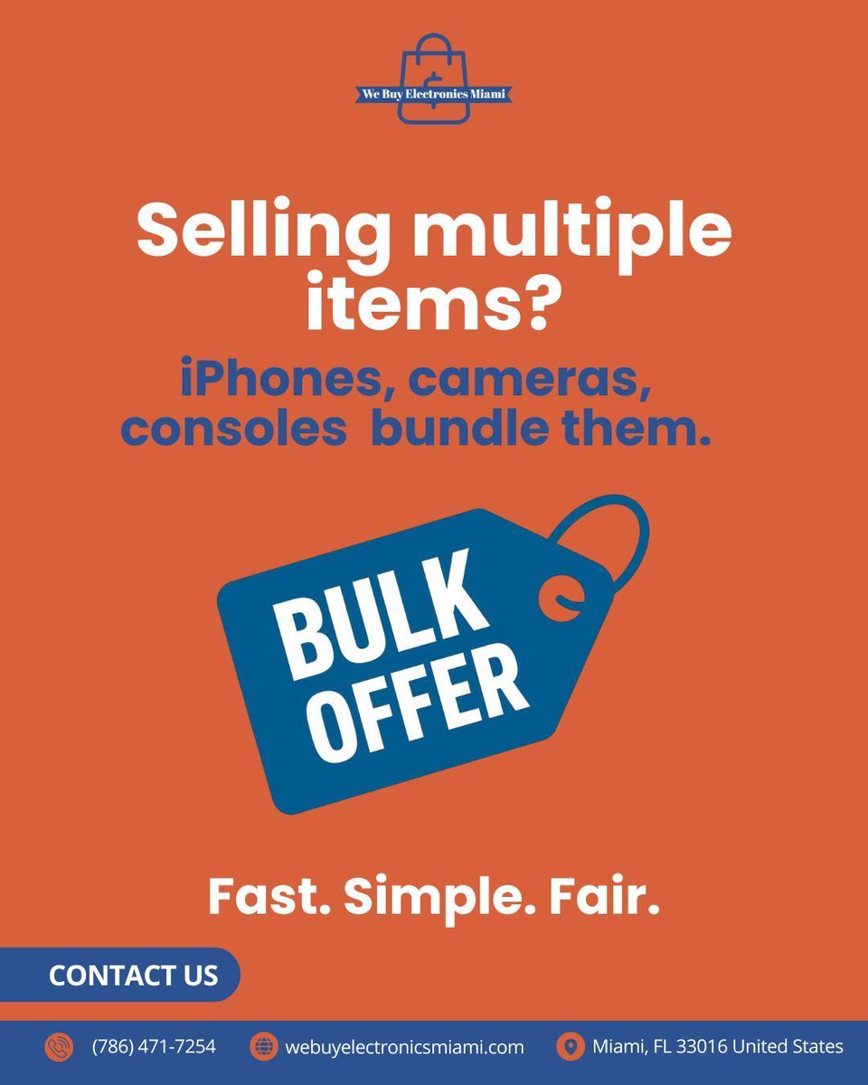 BuyElectMIA's tweet image. 📦 Got more than one device to sell?

Bundle iPhones, cameras, consoles, and more for a better bulk offer.

Simple process, fair payouts, and same day cash in Miami.

webuyelectronicsmiami.com

#MiamiDeals #CashForTech #ElectronicsMiami #BulkOffer
