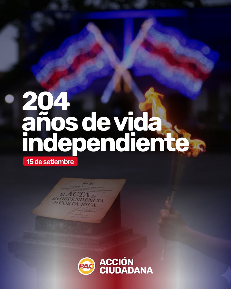 Hoy celebramos nuestra libertad, nuestra democracia y nuestra identidad costarricense.🇨🇷

Hace 204 años elegimos caminar con dignidad hacia un mejor futuro. Hoy, desde el Partido Acción Ciudadana, reafirmamos nuestro compromiso con una Costa Rica más justa, solidaria y sostenible