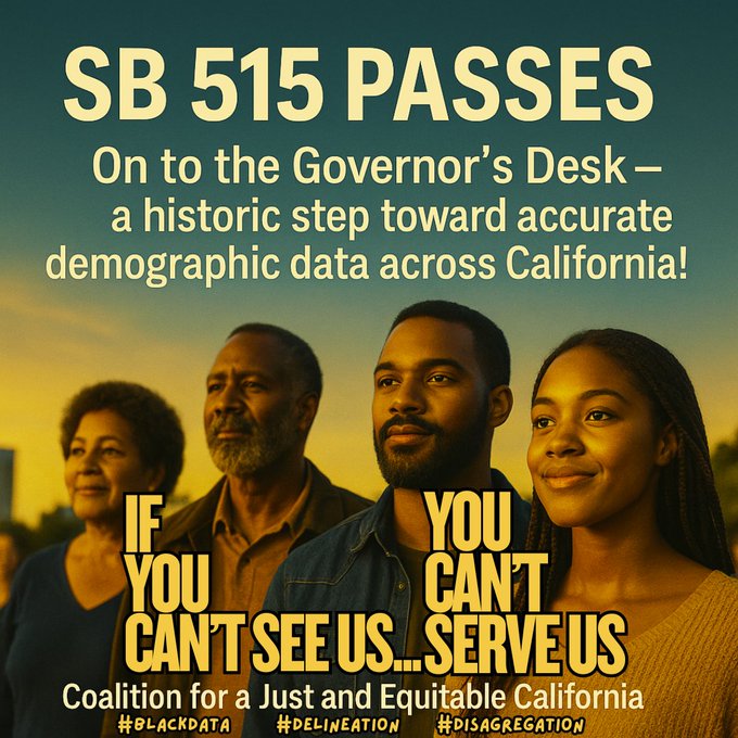 Chad_Boogie's tweet photo. BREAKING: SB-515 PASSES!
California's 1st "Black/AA" data disaggregation bill to touch every one of California's 538 cities and counties is headed to @CAgovernor!
Spread the word!! #disaggregation #lineagedata #datamatters #dataisPOWER โ๐พ๐ช๐พ๐บ๐ธ https://t.co/n1lOZT0UQM