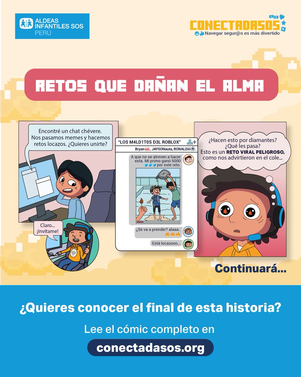 📣 Los retos virales peligrosos no son diversión, ¡son un riesgo real! 🚨

En esta nueva historia, Miguel enfrenta la presión de sus “amigos” para participar en un reto a cambio de “regalos virtuales”. 💎🎮¿Qué decisión tomará? 🤔

#Conectadasos 👉 Descubre el cómic completo en