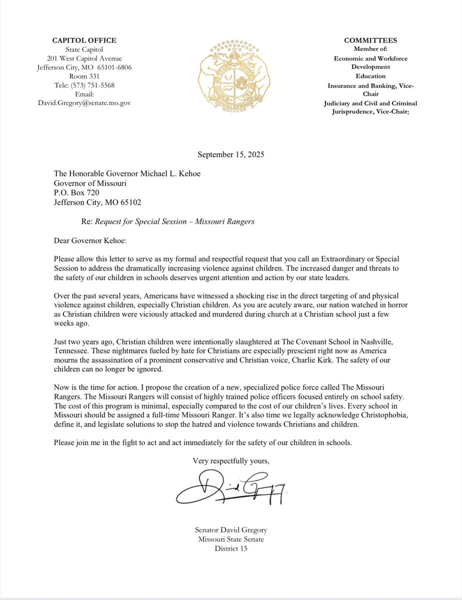 Given the viol*nce we continue to see in schools and on school campuses, I’m officially calling on <a href="/GovMikeKehoe/">Governor Mike Kehoe</a> and #MOLeg to join me in founding the Missouri Rangers. 

The Missouri Rangers are a specialized police force highly trained and focused solely on school safety. Every