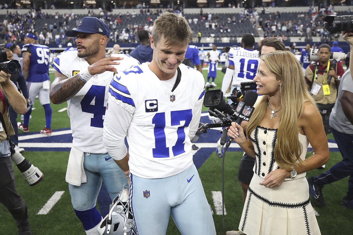 SlaterNFL's tweet image. Loved these photos caught by our NFL photographer of Brandon Aubrey in this moment. A kick that sent the game in OT (64 yds) followed by a kick to win it (46). The buzz, the kiss on the head by Dak. 

8 years ago Aubrey is at Notre Dame and getting ready to enter the MLS draft…