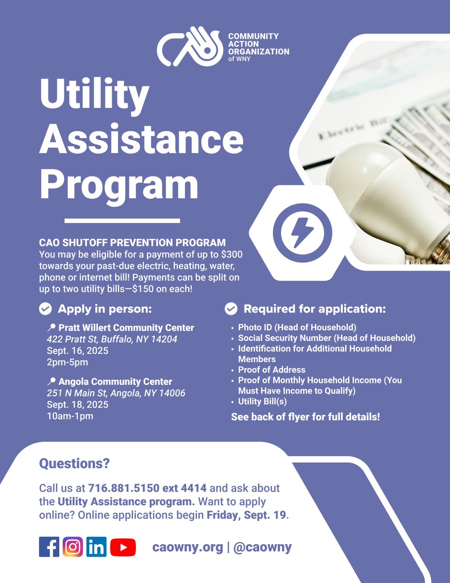 ⚡ Need help with utility bills? CAO of WNY can assist with up to $300 in past-due payments!

📍 Pratt Willert – Sept. 16 (2–5 PM)
📍 Angola – Sept. 18 (10 AM–1 PM)
💻 Online apps open Sept. 19

Details 👉 caowny.org | Call 716.881.5150 ext 4414
#CAOWNY