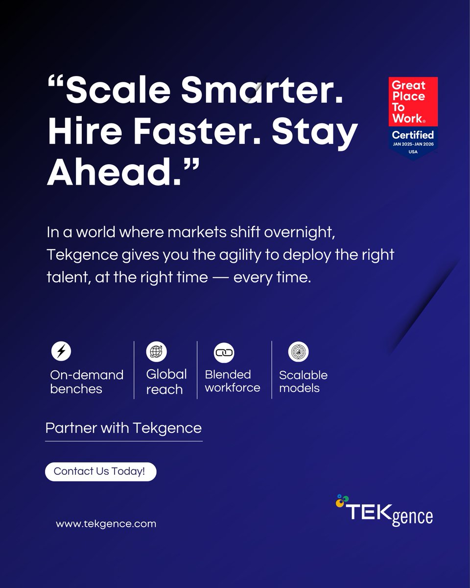 TekgenceINC's tweet photo. Agility is the new hiring advantage. 🚀

Scale smarter. Hire faster. Stay ahead with Tekgence. 

#ScaleSmarter #FutureOfWork #tekgence https://t.co/M0ddcUbPYk
