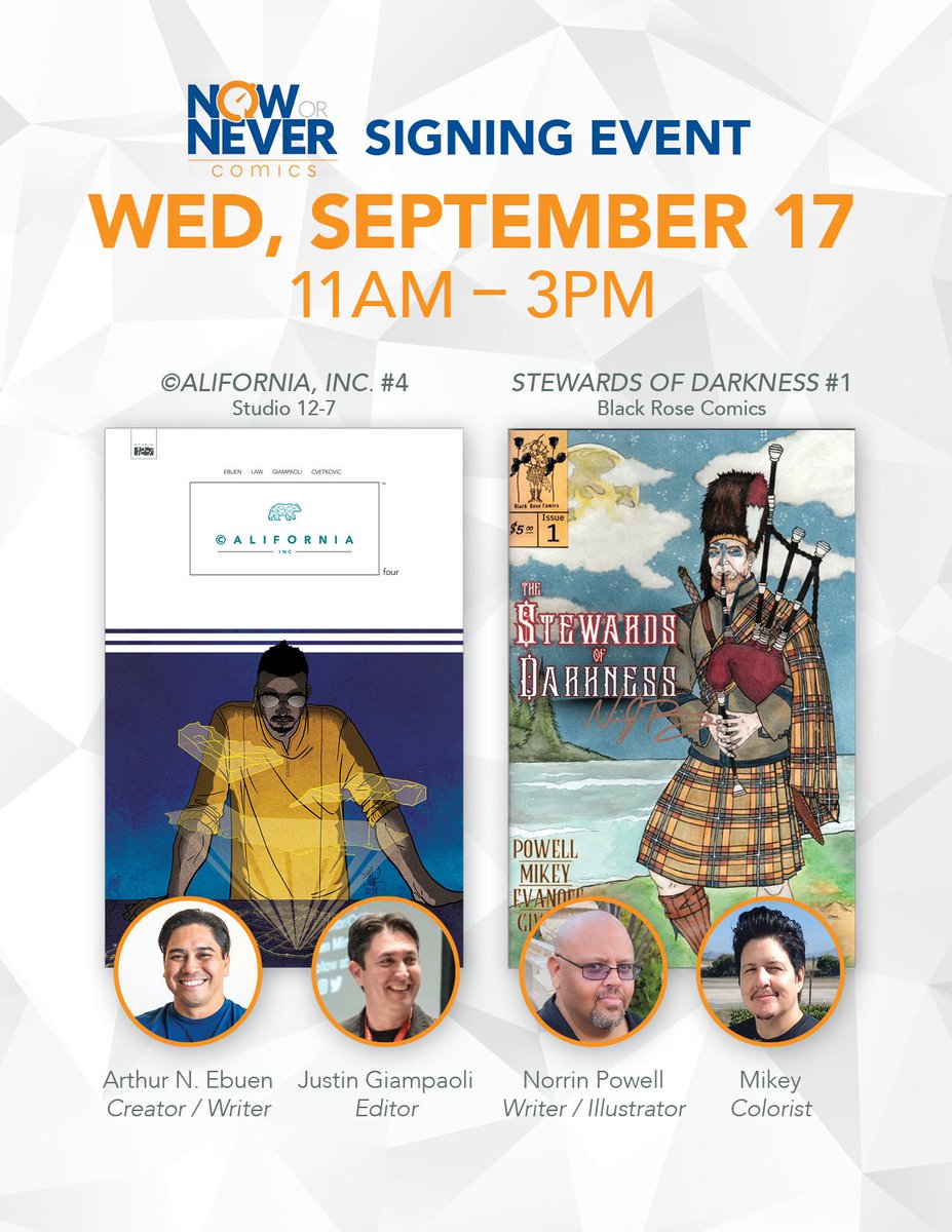 This Wednesday for #NCBD! I’ll be signing at the great <a href="/NowOrNeverComic/">NowOrNeverComics</a> in #SanDiego with friends <a href="/ArtEbuen/">Arthur N. Ebuen</a> (California, Inc.) and <a href="/NorrinPowell/">Norrin J. Powell</a> (Stewards of Darkness) We’ll have all of our books and fun swag, come hang out!