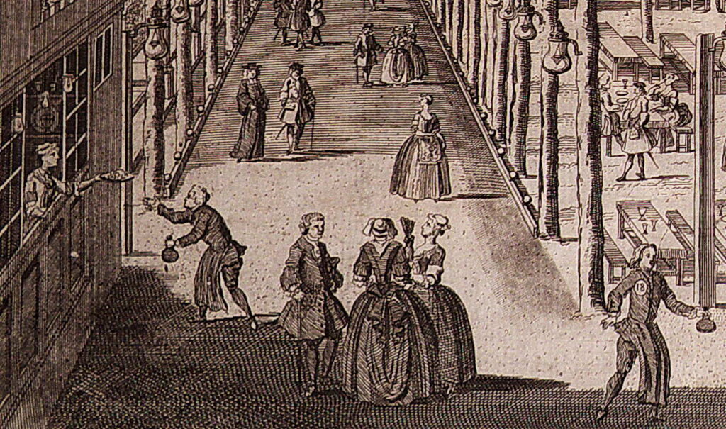 Vauxhall Pleasure Gardens in the eighteenth-century.  You see a waiter collecting food to serve to tables. He wears the same number on his jacket as the table he serves.  

You'd eat wafer-thin ham, heart cakes, cheese cakes or maybe jelly.  

More here:
eventbrite.co.uk/e/dallying-and…