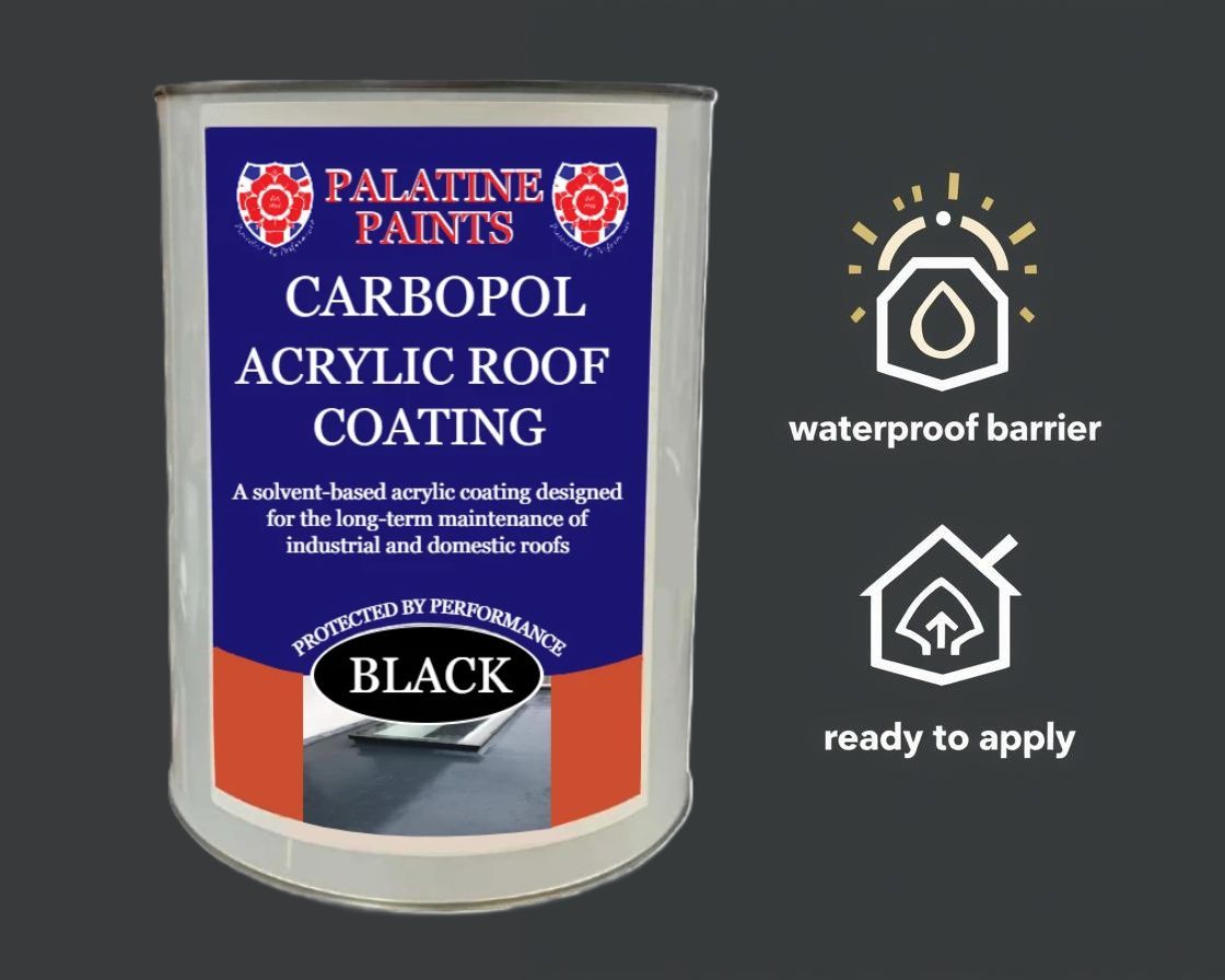 Carbopol Acrylic Roof Coating (5 kg):
• Fibre-reinforced &amp; single coat 🎯
• Adheres to roofs even when damp 💧
• Available in Black &amp; Grey

Make leaks a thing of the past. Shop now ➡️ palatinepaints.co.uk/product/acryli… 
#RoofCoating #Waterproofing #PalatinePaints