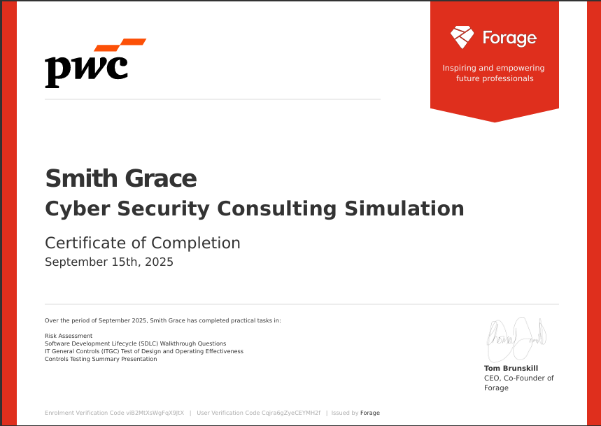 theitgirliee's tweet image. Day 86😭
PwC US Cyber Security Consulting Job Simulation on Forage hmm
Honestly bah, I did pass myself again today because there&apos;s no relationship I have with consultancy at this stage (even though it was mostly risk assessment)😭
I figured it out sha😭
#100DaysOfCyberSecurity