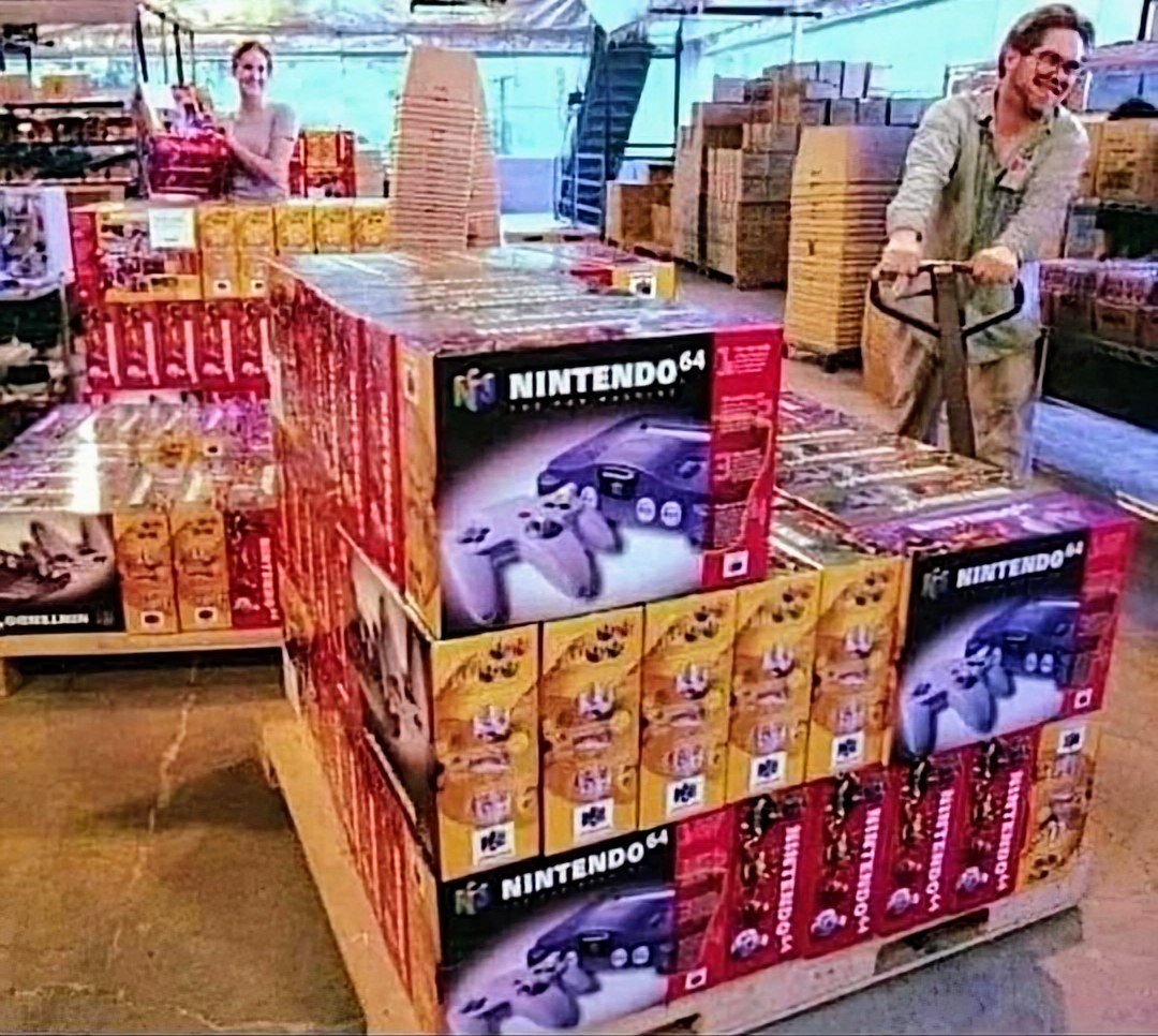 Pallets of new Nintendo 64’s in 1996 ready to change lives.