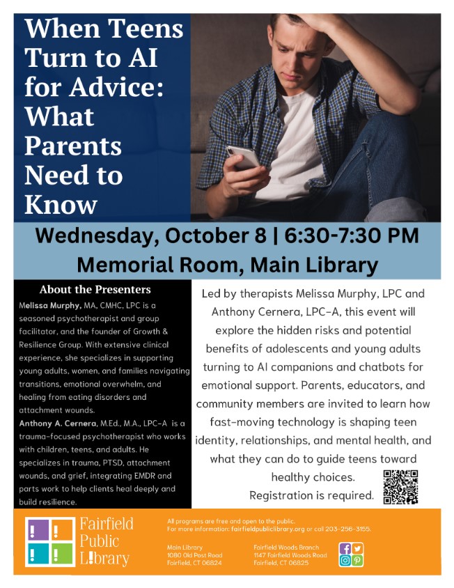 Therapists Melissa Murphy and Anthony Cernera will talk about how AI chatbots are shaping teens’ friendships, identity, and mental health, and what parents can do to help them make healthy choices.
Register: fplct.librarymarket.com/event/ai-teen-…