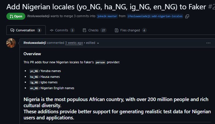 During my session last month at <a href="/Fabric_UG_Naija/">Microsoft Fabric Nigeria User group</a> I casually mentioned that Python faker library should have Nigerian names. 
And today, got aware a member of the community has made it happen. Contributed to the open source