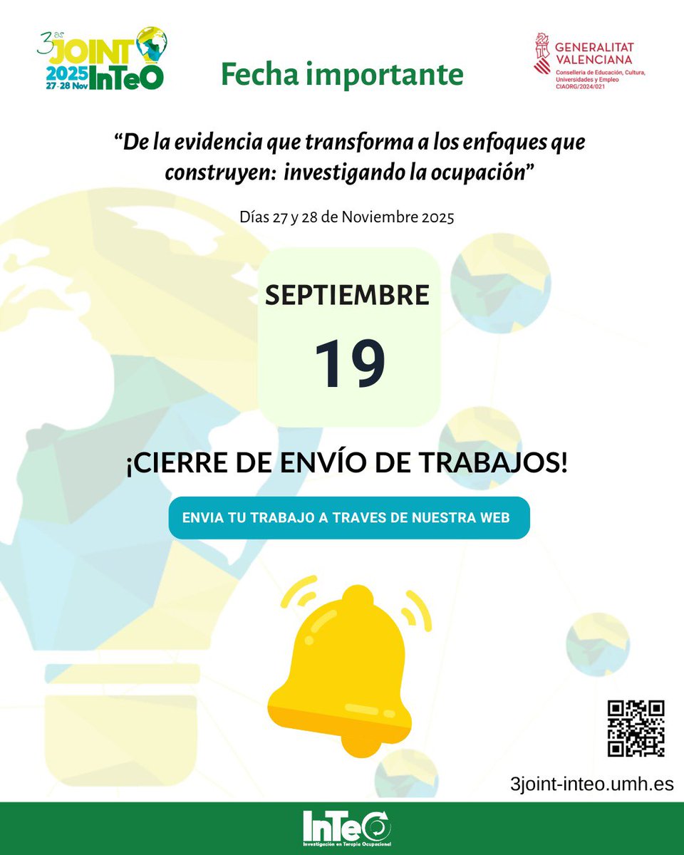 ¡Se acerca el cierre de envío de trabajos! 🚨
¿Tu trabajo se queda fuera? Compártelo en el las III Jornadas Internacionales del Grupo InTeO (27–28 nov).
Fecha límite de envío: 19/09. Envíalo hoy o inscríbete a las jornadas→ 3joint-inteo.umh.es